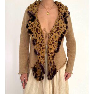 y2k vintage brown open front real fur trim coquette floral crochet knit cardigan